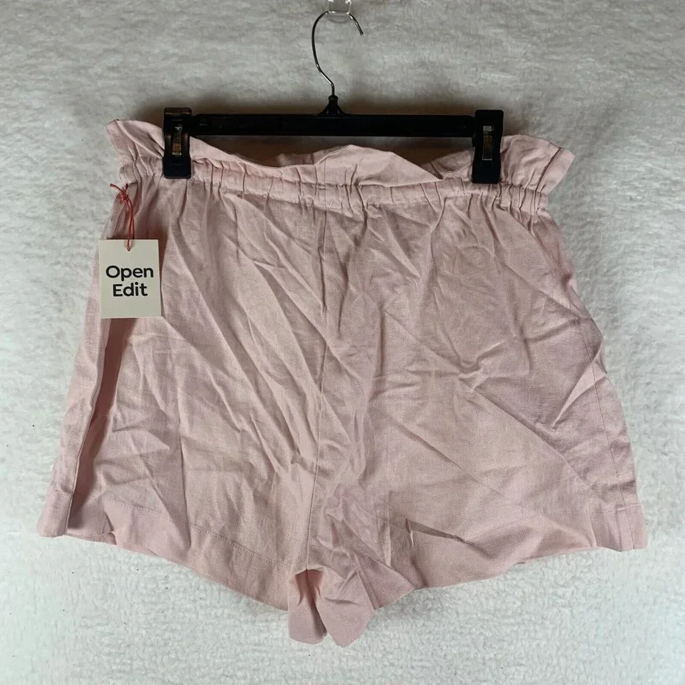 Open Edit Shorts Women Size M Pink PaperBag Waist‎ Drawstring Pockets Linen 6385